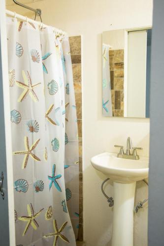 a bathroom with a sink and a shower curtain with starfish at Casa del Horno in El Cinco de Mayo