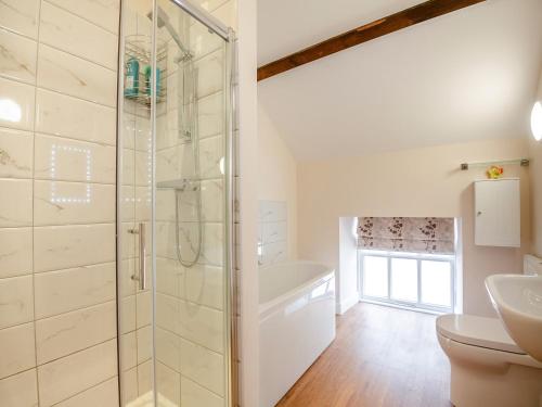 a bathroom with a shower and a toilet and a sink at Mews Cottage in Abergele