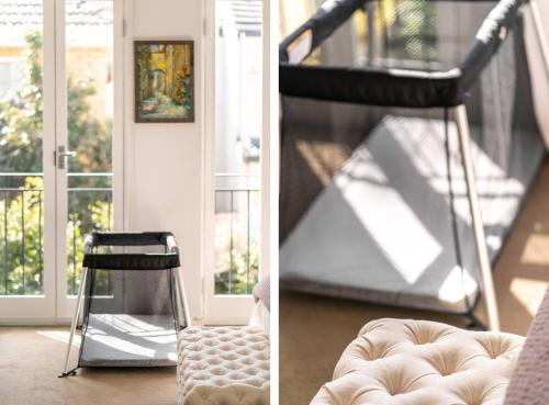 two pictures of a room with a chair and a staircase at Sophisticated art deco in the heart of Toorak in Melbourne