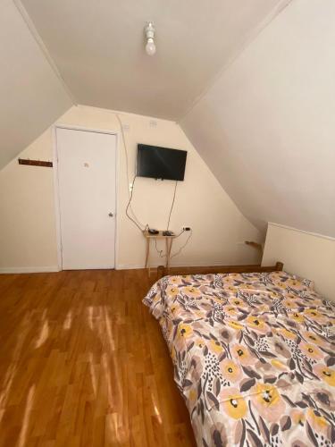 Schlafzimmer mit einem Bett und einem Flachbild-TV in der Unterkunft Apartamento en segundo piso, barrio muy tranquilo para descansar en Chillán Viejo in Chillán Viejo