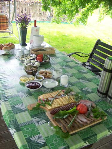 een tafel met een groene tafelkleed met voedsel erop bij Agroturystyka W Jabłoniowym Sadzie in Jeżyce