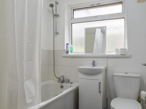 a bathroom with a toilet and a sink and a shower at Wyndham House in Troed-y-rhiw