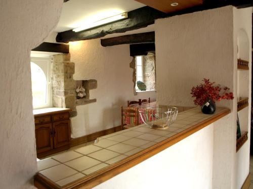 a kitchen with a counter with a bowl on it at Maison de 3 chambres avec jardin amenage a Sibiril a 3 km de la plage in Sibiril
