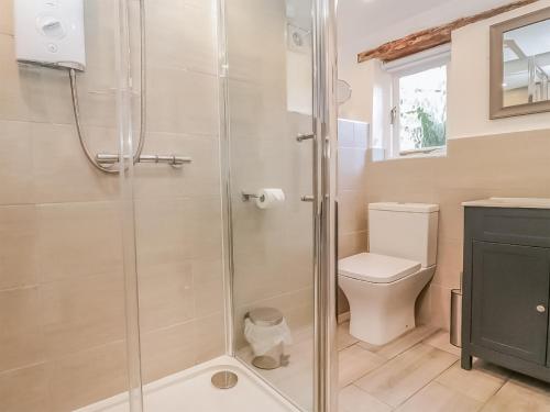 a bathroom with a shower and a toilet at The Gig House in Witton