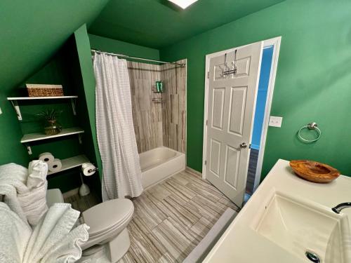 baño verde con aseo y ducha en Stunning 4BD/2BA Getaway Chicago, en Chicago