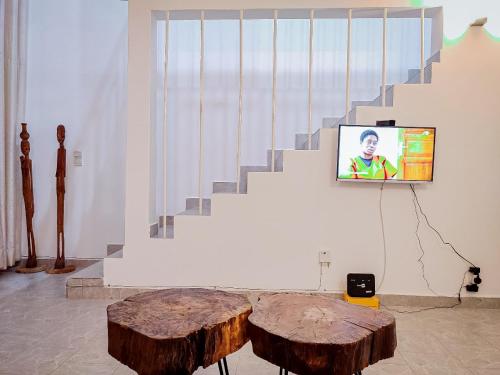 a living room with a tv on a wall and two logs at Duplex Mbote Brazzavile in Brazzaville