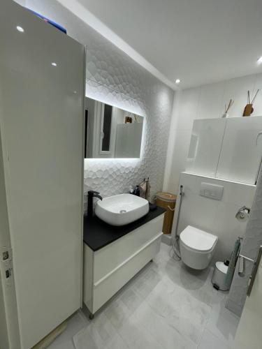 une salle de bain avec un lavabo et des toilettes dans l'établissement Le coup de cœur d’Argelès, à Argelès-sur-Mer