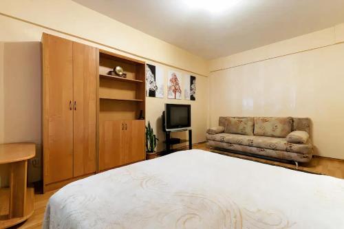 a bedroom with a bed and a couch and a television at Nadezhda Apartments on Zhibek Zholy Avenue 33 in Almaty