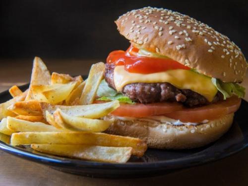 una hamburguesa y papas fritas en un plato azul en Hotel Gran Vía, en Ciudad de México