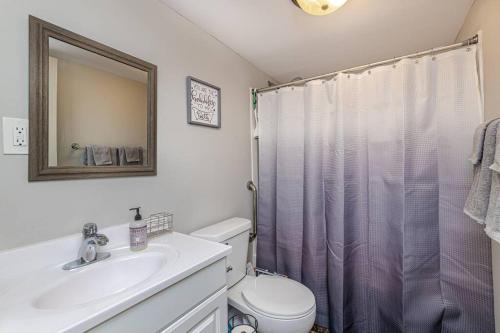 uma casa de banho com um WC, um lavatório e um chuveiro em ~It's a Gem~Comfy Hideaway for R&R ~King Bed!~ em Columbia