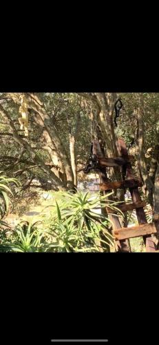 a wooden staircase in a park with trees and plants at Residence Paradisu Ajaccio in Appietto