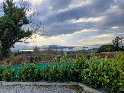 a garden with a view of a lake at Lakeview Retreat in Portroe