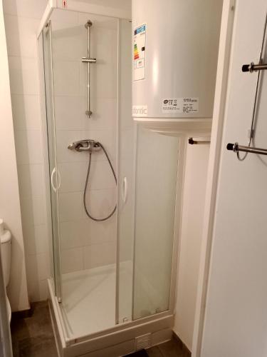 a shower with a glass door in a bathroom at Joli in Clichy