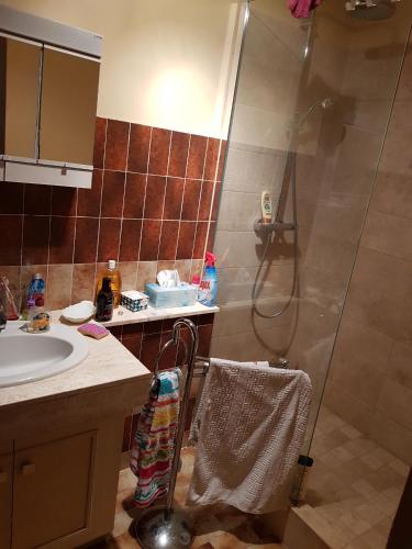 une salle de bain avec douche et lavabo dans l'établissement BEAU RIVAGE SAINT RAPHAEL 83700 FRANCE, à Saint-Raphaël