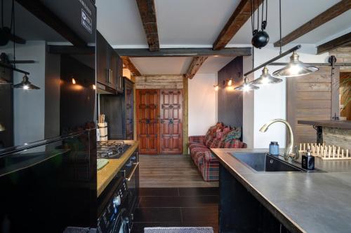 a kitchen with a stove and a counter top at Frica Ludvika Garden Apartment in Liepāja