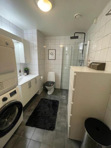 Un baño con lavadora y un inodoro. en Leilighet i Tromsø, en Tromsø