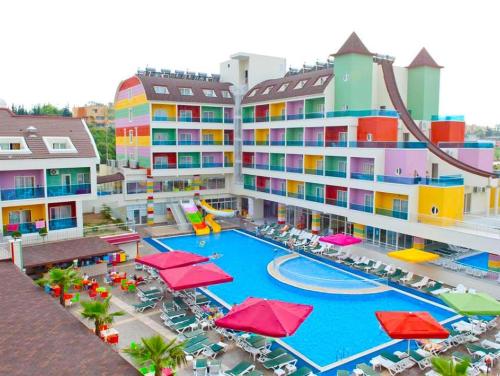 an aerial view of a resort with a swimming pool at Side Win Hotel & Spa in Side