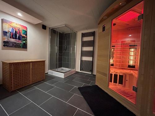 uma casa de banho com uma cabina de duche ao nível do chão e uma cabina de duche ao nível do chão em Ferienwohnung Hommelshof em Korschenbroich