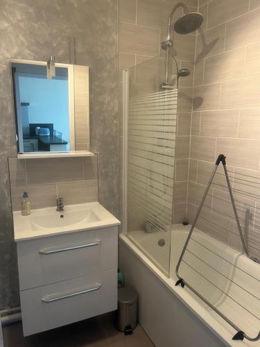 W łazience znajduje się umywalka, prysznic i lustro. w obiekcie Les pieds dans l'eau w mieście Plérin