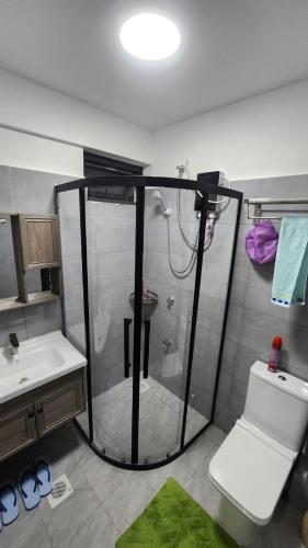 e bagno con doccia, servizi igienici e lavandino. di Gatundu Heights a Nairobi