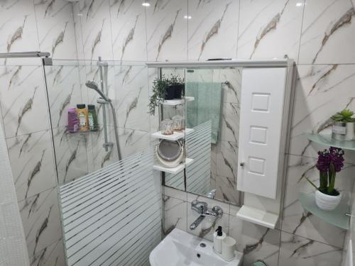 a bathroom with a shower and a sink at Boutique Apartment Jana in Shumen