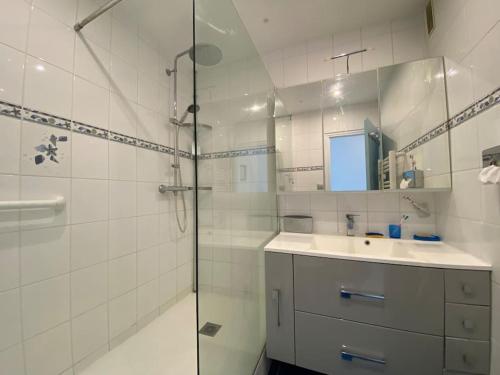 une salle de bain avec une douche, un lavabo et un miroir dans l'établissement Marina sur Port Camargue, au Grau-du-Roi