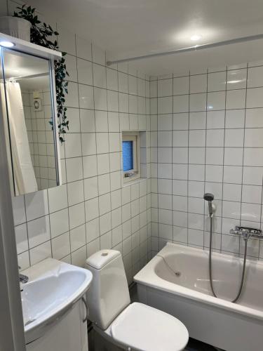 a bathroom with a toilet and a tub and a sink at Casa 716 - Minihus nära golf & natur in Bara