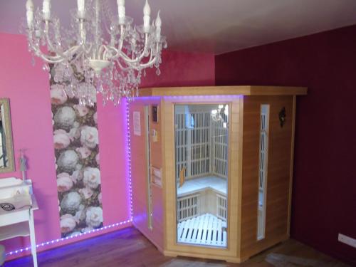 une cage pour oiseaux dans une pièce dotée d'un lustre dans l'établissement love room La gondole du plaisir, à Saint-Pierre-dʼAmilly