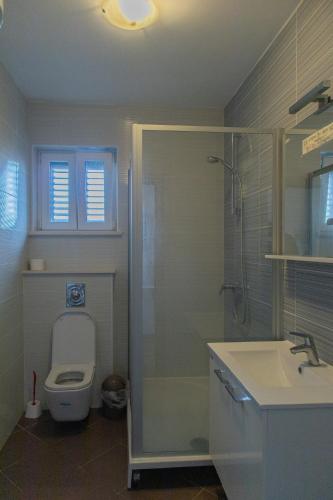 a bathroom with a toilet and a shower and a sink at Love Dubrovnik Hostel in Dubrovnik
