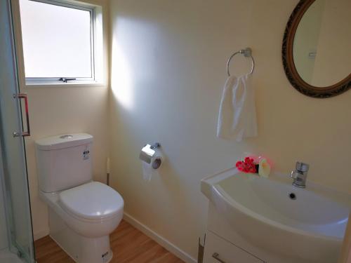 a bathroom with a toilet and a sink and a mirror at Warm little house at Wesley in Auckland