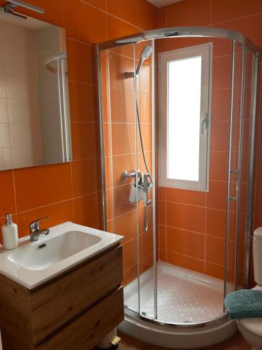 a bathroom with a shower and a sink at La casa azul. Granada centro in Granada