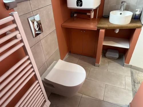 a bathroom with a white toilet and a sink at Pied à terre Portsallais in Ploudalmézeau