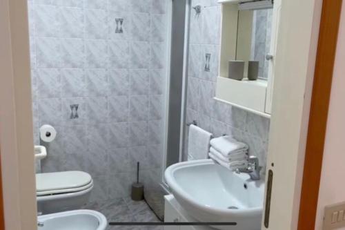 La salle de bains est pourvue de toilettes blanches et d'un lavabo. dans l'établissement Appartamento incantevole, Soverato, à Soverato Marina