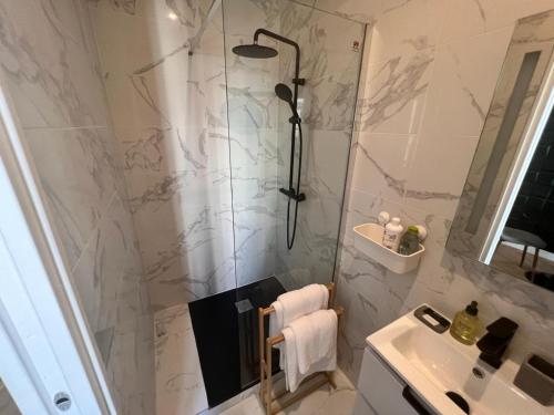 une salle de bain avec douche et lavabo dans l'établissement Chic Cozy Studio in the Heart of the City, à Nice