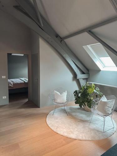 ein Wohnzimmer mit 2 Stühlen und einer Pflanze in der Unterkunft Loft @ de Vlaamse Ardennen in Brakel