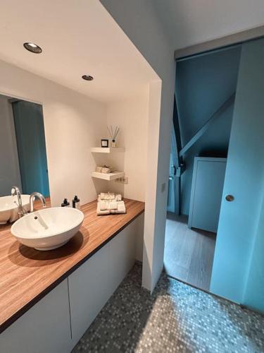 baño con un gran fregadero blanco en una encimera de madera en Loft @ de Vlaamse Ardennen en Brakel