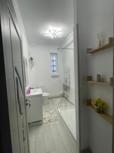 a white bathroom with a sink and a toilet at E&N ACCOMMODATION in Bacău