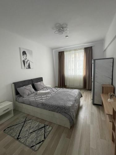 a bedroom with a bed and a table and a window at E&N ACCOMMODATION in Bacău