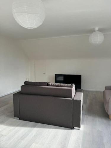 a living room with a brown couch and a fireplace at Dschungeldesign 8 Pers Zwischen Mannheim und Heidelberg in Edingen-Neckarhausen