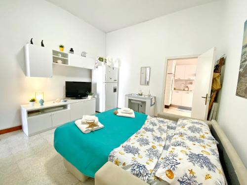 1 dormitorio con 1 cama y TV. en Aria di Mare - Elegante appartamento con patio, en Marina di Mancaversa