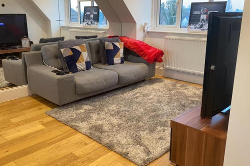 a living room with a couch and a television at Luxury Penthouse Appartment in Cobham