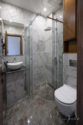 a bathroom with a toilet and a sink and a shower at Aristo Boutique Hotel in Artashat