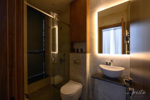 a bathroom with a sink and a toilet and a mirror at Aristo Boutique Hotel in Artashat