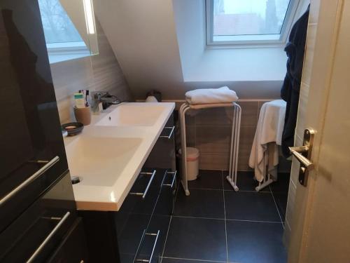 une petite salle de bain avec un lavabo et une fenêtre dans l'établissement Maison 6 pers. à 45 min de Paris, à Ballancourt