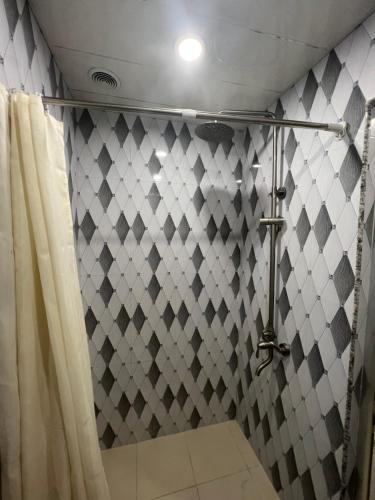 a bathroom with a shower with a shower curtain at Pushkiin in Yerevan