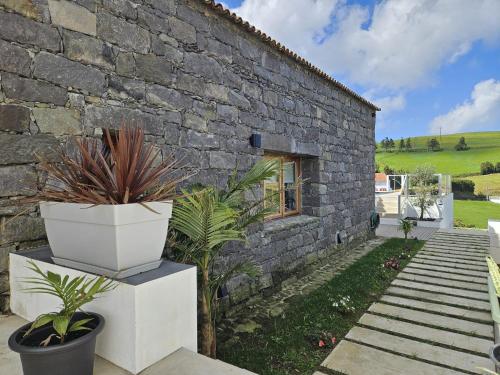 a stone house with plants in front of a building at Casa do Cinzeiro in Nordeste