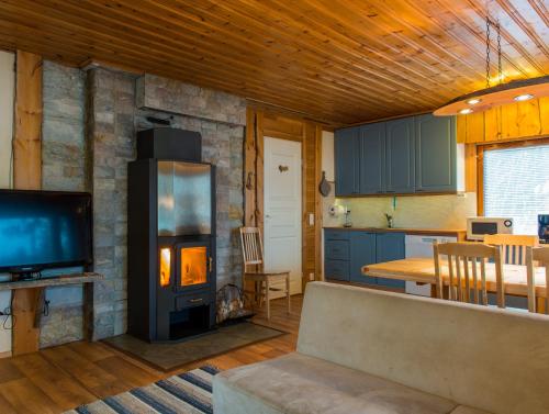 a kitchen and living room with a fireplace and a tv at Ylläksen Yöpuu in Äkäslompolo