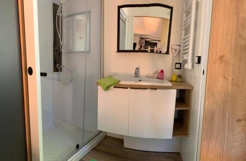 y baño con lavabo y ducha. en Mobihome premium 4p 2 chambres 2 salles de bain, en Villefort