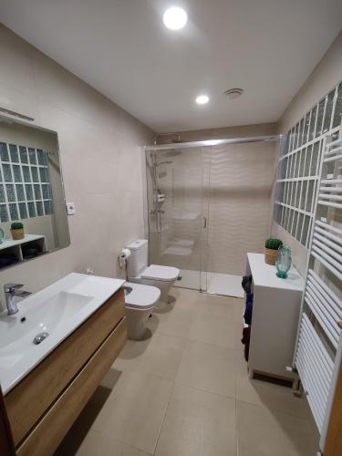a bathroom with a sink and a toilet and a shower at Casa Baire in Puigmoreno