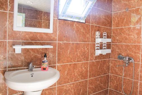 Dodo Japaridze Guesthouse في ميستيا: حمام مع حوض ومرآة